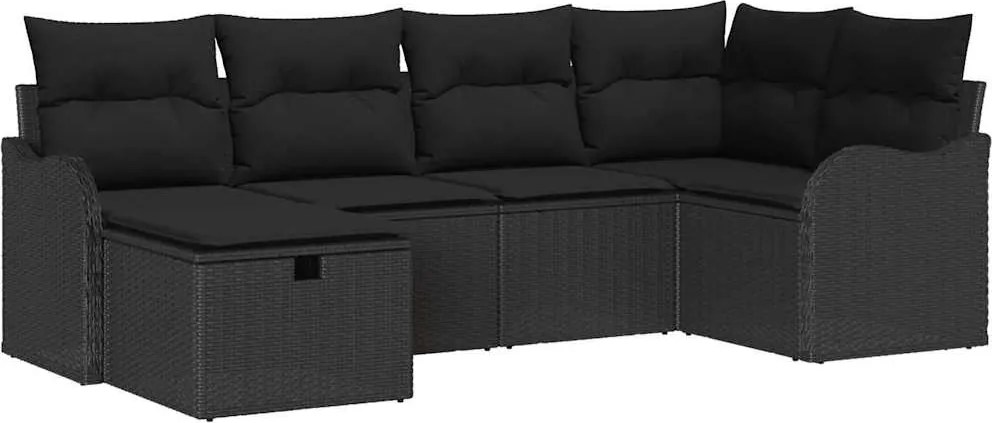 vidaXL Kerti Kanapé Szett párnával tárolóval 6 pcs Fekete Poli rattan