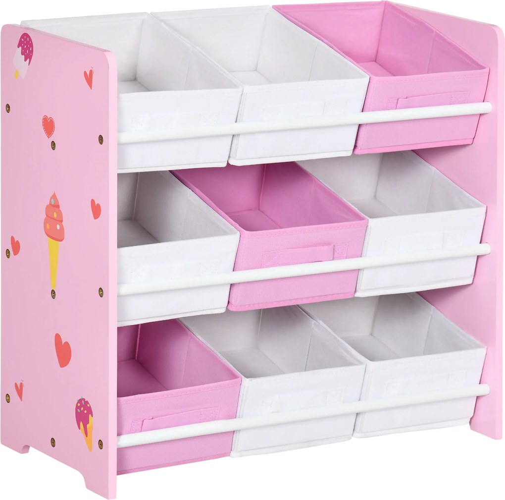 ZONEKIZ Gyermek Könyvespolc 9 Kivehető Nem Szőtt Szövet Tárolódobozzal Játék Szervező Gyerekszobába 63x30x60 cm Rózsaszín | Aosom