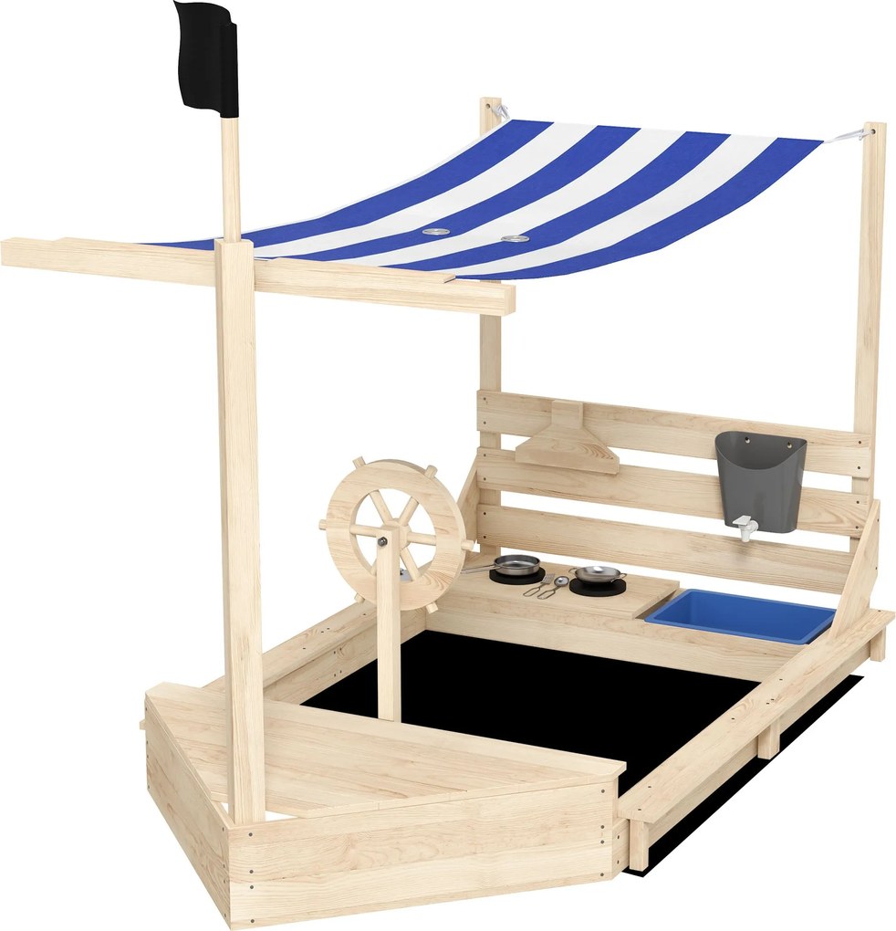 Outsunny Nagy Homokozó Fedelettel, Hajó Design Homokpit, Fából készült Vitorlás Játékház Konyha Játékkészlettel 3-7 éves gyermekeknek, Természetes 180