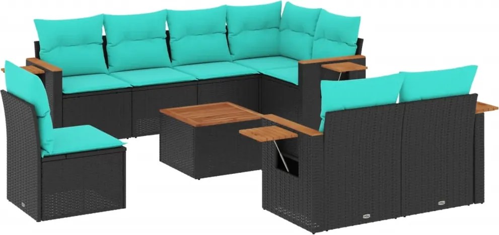 vidaXL 9 részes fekete polyrattan kerti ülőgarnitúra párnával
