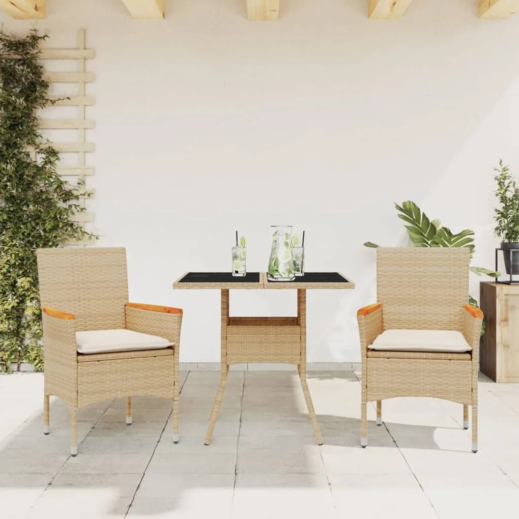 3 részes bézs polyrattan/üveg kerti étkezőgarnitúra párnákkal