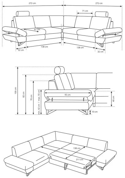 AVESTA L-alakú, kárpitozott, kihúzható sarokülőgarnitúra tárolóval, szürke