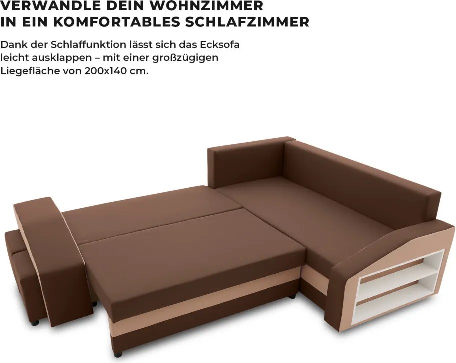 Grande sarokkanapé polcokkal és puffokkal , polc a jobb karfaban puffok a bal karfaban, jobboldali, szövet anyag, hab töltet, barna