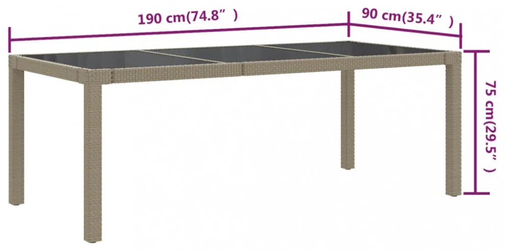 bézs szürke polyrattan és edzett üveg kerti asztal 190x90x75 cm
