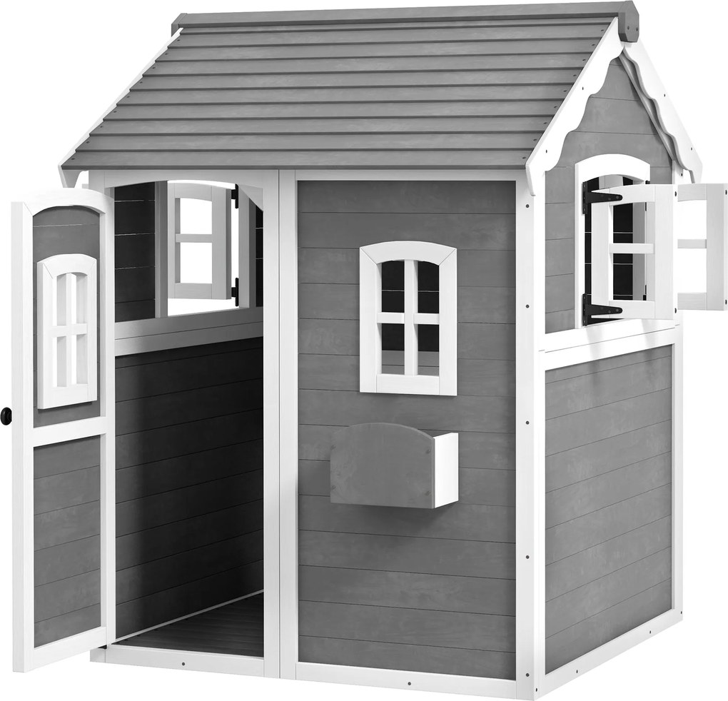 Outsunny Gyermek Játékház 3-8 Éveseknek 6 Ablakkal és Virágtartóval, Fából készült Játékház, 104,5x110x137 cm, Szürke | Aosom