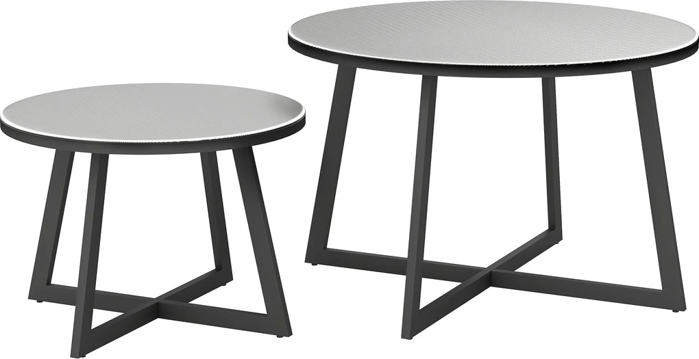 Outsunny 2 részes halmozható kerti asztal szett, kerek időjárásálló erkélyasztal X-lábakkal, üveg tetejű acél kempingasztal, kávézóasztal a nappaliba,