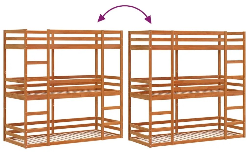 viaszbarna tömör fenyőfa háromszintes ágy 90 x 200 cm