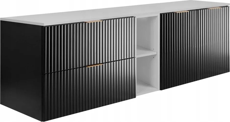 Fekete Fürdőszoba Szett Falra Szerelhető Mosdó Alá 140 Bordázott Mdf Frontokkal, Pulttal