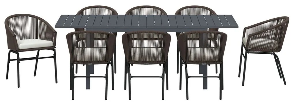 10 részes kerti étkezőszett párnákkal Barna Poli Rattan, Bővíthető kerti asztal Antracit (140-210)x90x73 cm Acél