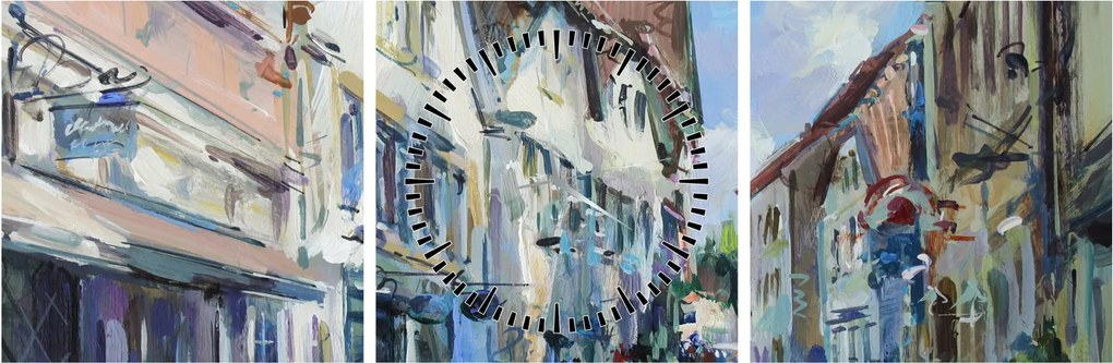 Kép - régi város sikátora, akril festmény (órával) (90x30 cm)