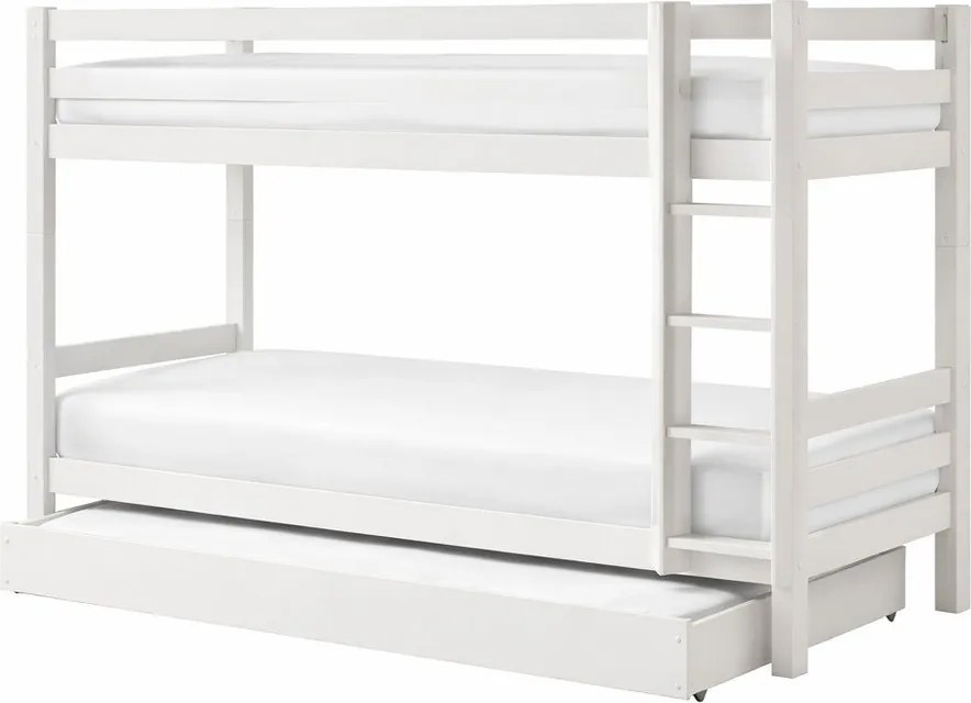 Fehér emeletes-kihúzható pótággyal borovi fenyő ágyneműtartós gyerekágy 90x200 cm PINO – Vipack