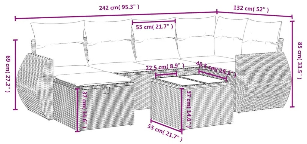 7 részes fekete polyrattan kerti ülőgarnitúra párnával