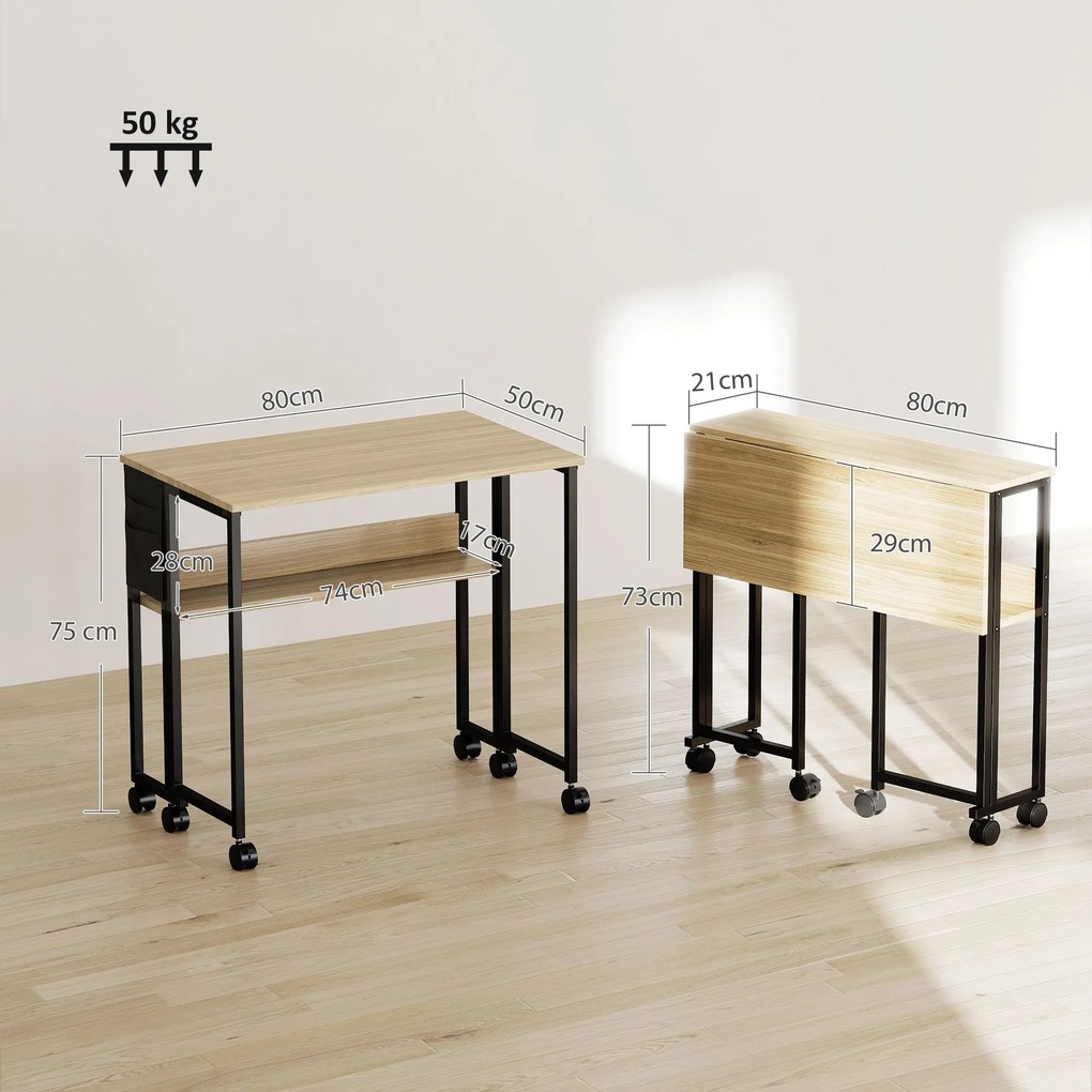 HOMCOM Összecsukható Íróasztal Kerekeken, Számítógépasztal 80 x 50 cm Polccal és Tárolótáskával, Tanulóasztal Otthoni Irodába, Hálószobába, Kis Terekr