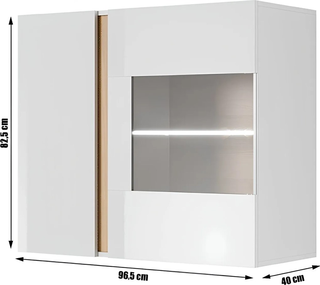 Fali vitrines szekrény 96, fehér/tölgy grandson/magasfényű fehér, CITY