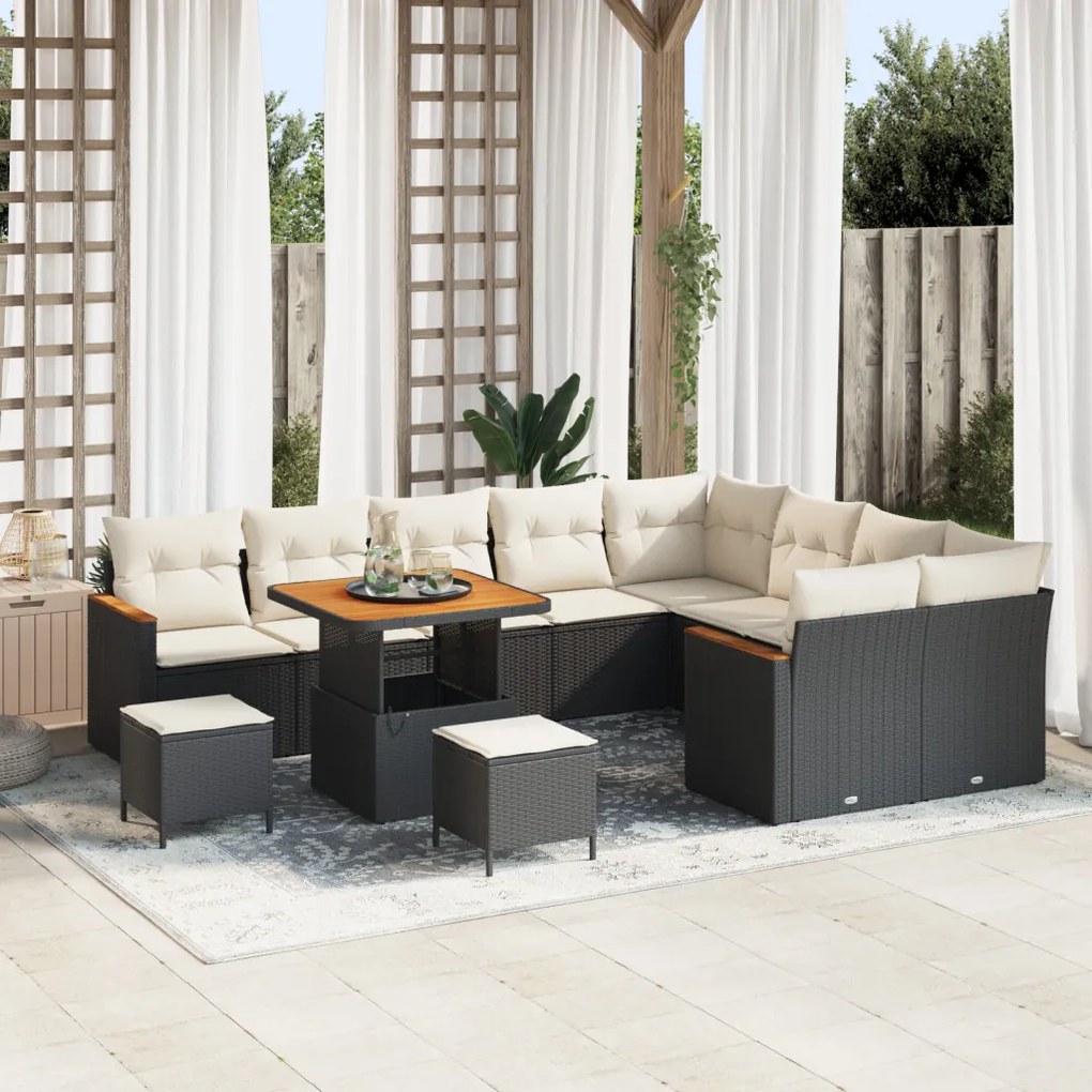 12 darabos kerti kanapé szett párnákkal Fekete Poli rattan Acacia, 3 darabos kerti étkező szett párnákkal Fekete Poli rattan Acacia