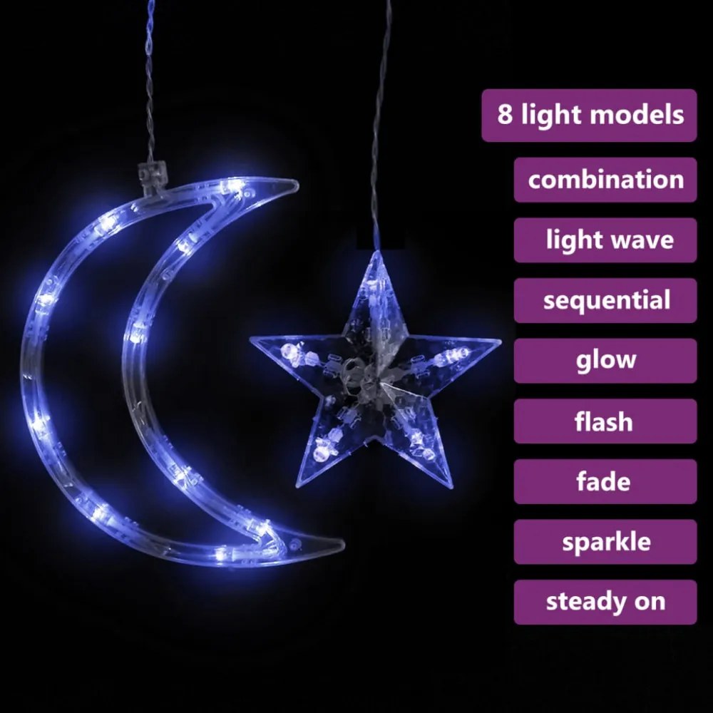 csillag és hold fényfüzér 345 kék LED-del és távirányítóval