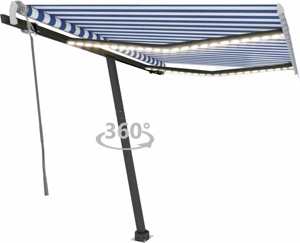 vidaXL kék és fehér kézzel kihúzható LED-es napellenző 350x250 cm