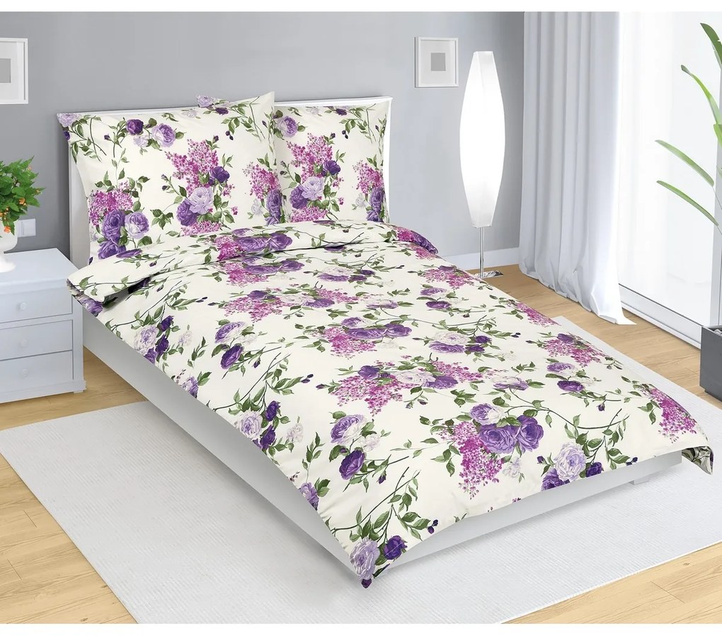 Bellatex Rózsa pamut ágyneműhuzat lila, 140 x 200 cm, 70 x 90 cm, 140 x 200 cm, 70 x 90 cm