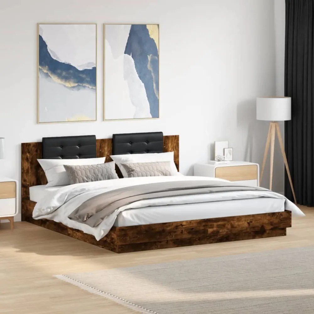 füstös tölgy színű ágykeret fejtámlával és LED-ekkel 160x200 cm