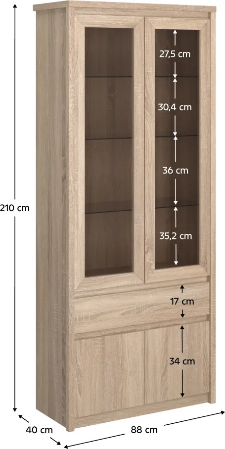 Vitrines szekrény, DTD laminált, tölgy sonoma, NORTY TYP 3