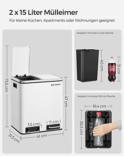 Konyhai szemetes, 2 x 15 literes acél szemetes, lépcsős szemetes belső vödrökkel és fogantyúkkal, puha záródással, szagszigeteléssel, fehér