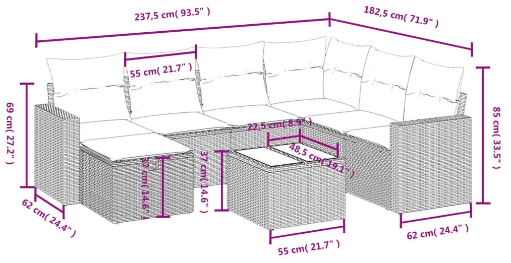 8 részes szürke polyrattan kerti ülőgarnitúra párnákkal