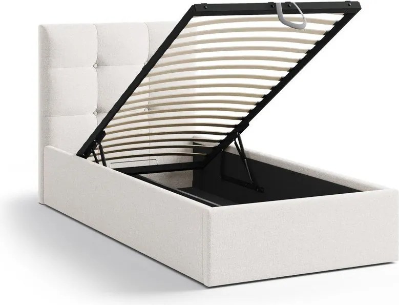 Krémszínű kárpitozott ágyneműtartós egyszemélyes ágy ágyráccsal 90x200 cm Phaedra – Micadoni