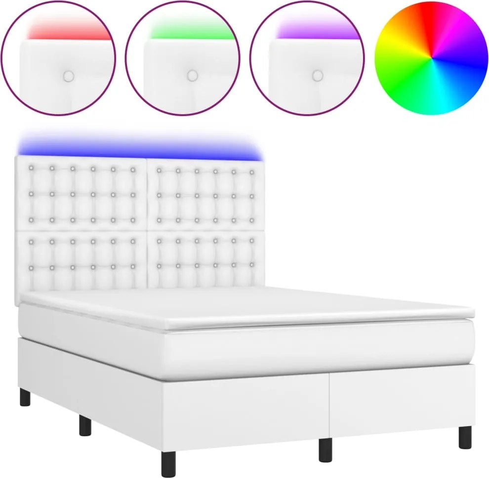 vidaXL fehér műbőr rugós ágy matraccal és LED-del 140x200 cm