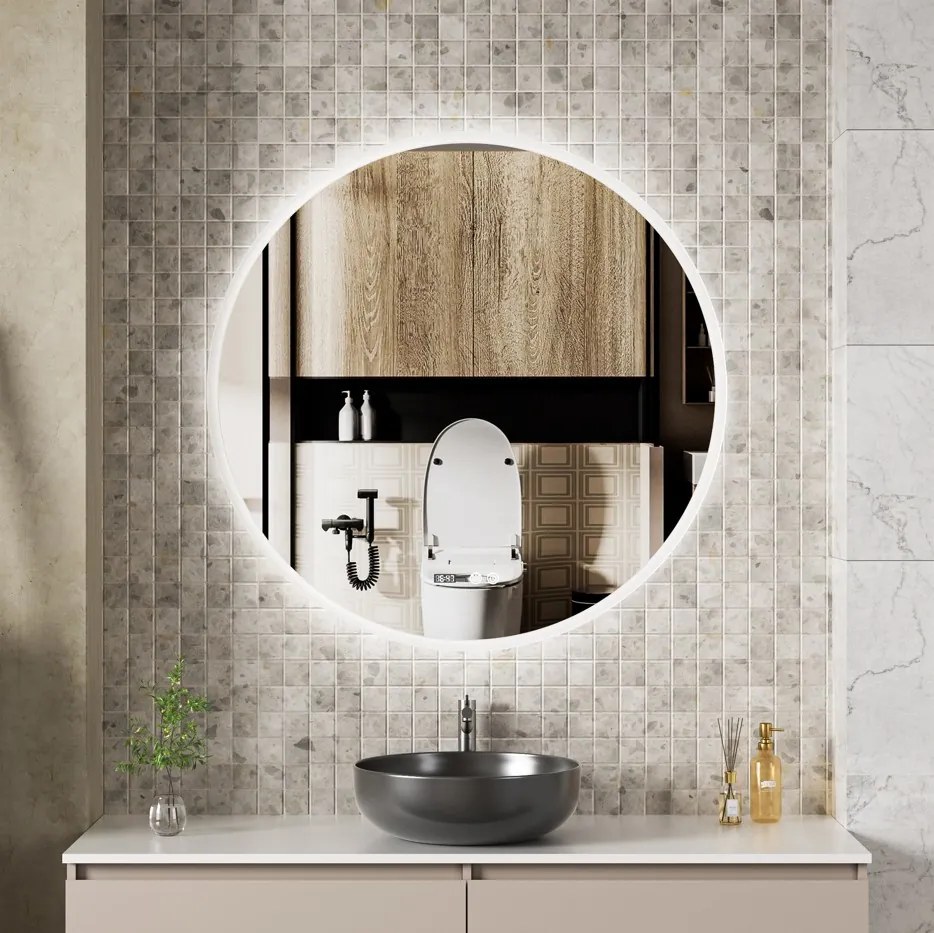 Erga Deam, kerek LED-es tükör 100cm, 3 színű fény, első világítás, páramentes fűtőbetét, ERG-V01-Deam-1010-CL