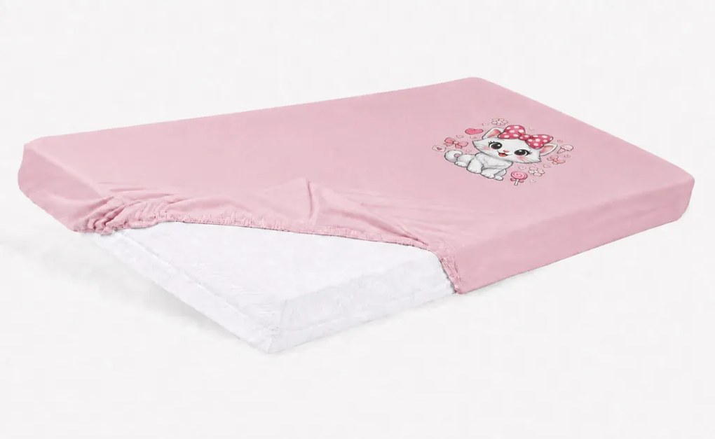 Bébi pamut gumis lepedő 60x120/70x140 - Cica mintával