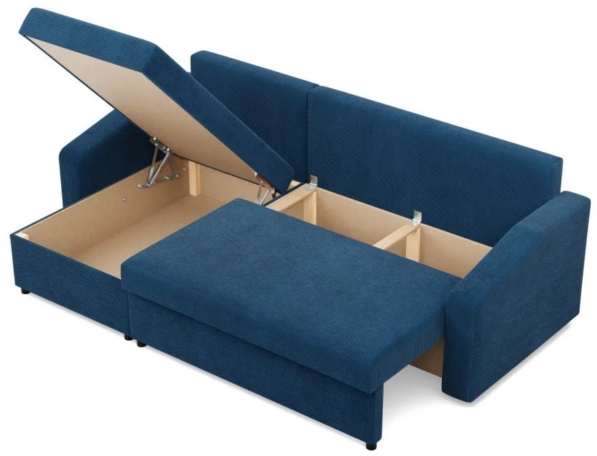 Zeus sarokkanapé, 1 ágyneműtartóval, döntött kartámasz, kordbársony, univerzális oldal, bonell töltet, kék