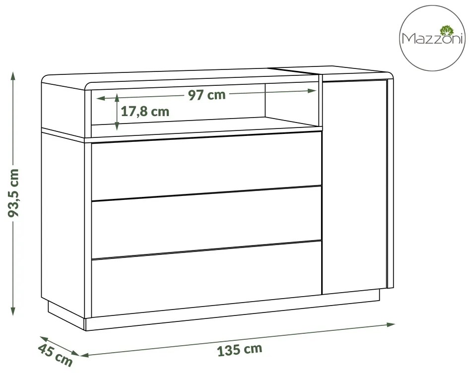 Mazzoni FOLK K-135 komód Fehér Fényes/Matt + Millenium Beton - MODERN NAPPALIBA/SZOBÁBA