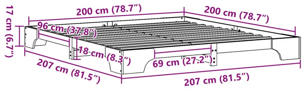 Ágykeret Természetes Tömör Fenyőfa 200 x 200 cm Tartós Ágykeret