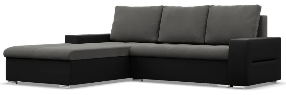 Toronto sarokkanapé, 2 ágyneműtartóval, bársony + műbőr, baloldali, szürke - fekete