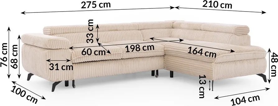 Bézs kordbársony sarokkanapé (jobb oldali-L alakú) Marbeya – Ropez