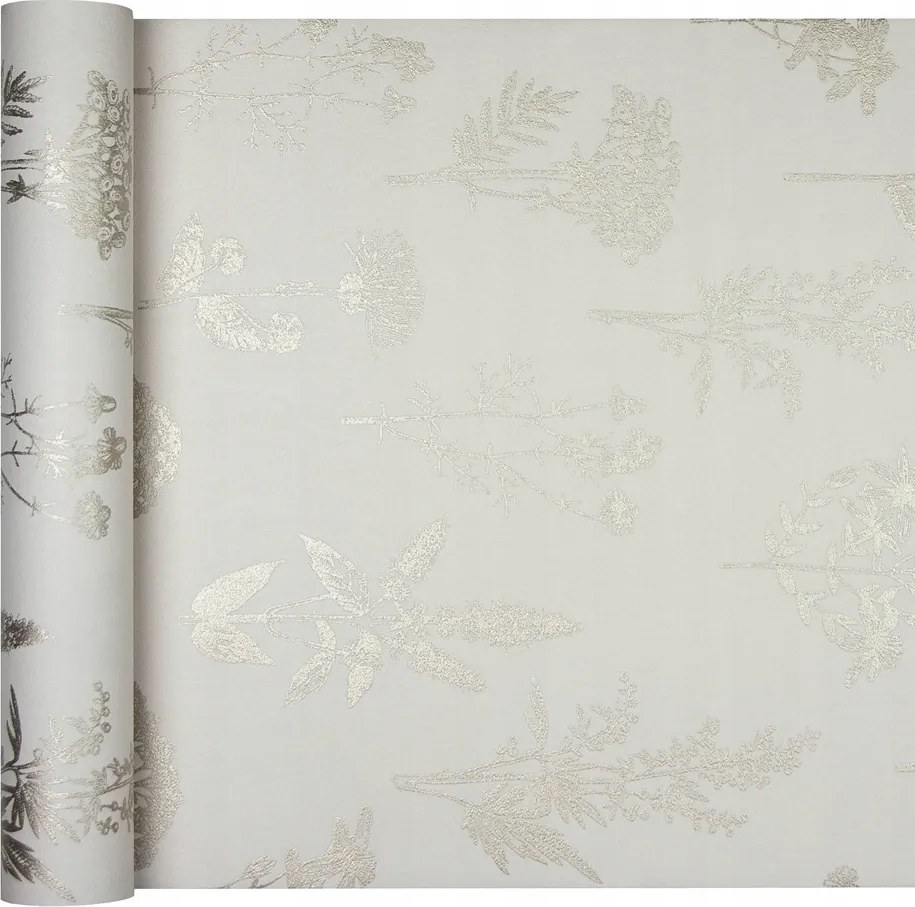 Tapéta fémes virágokkal, gyógynövényekkel, levelekkel Boho stílusban, vinil, vlies alapon