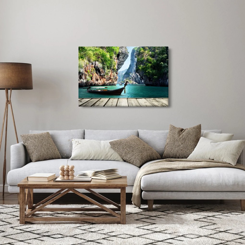 Kép - Víz mediterrán táj csónakkal (90x60 cm)