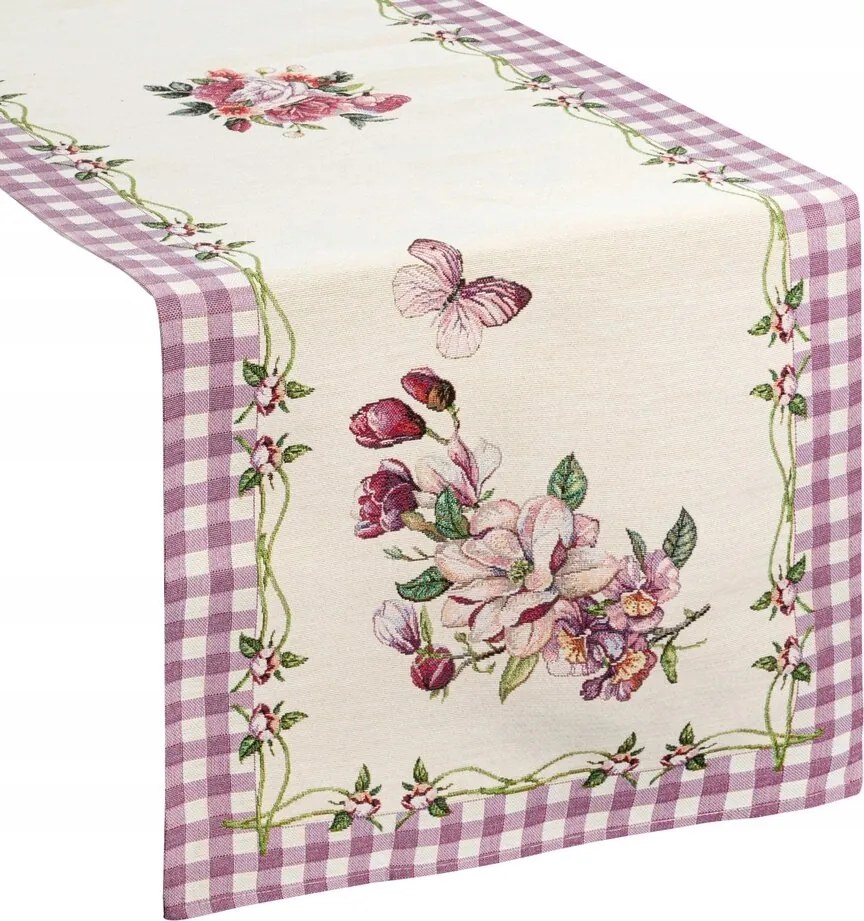 Gobelin asztali futó 45x140 cm Eurofirany lila Bézs virágos kockás mintával