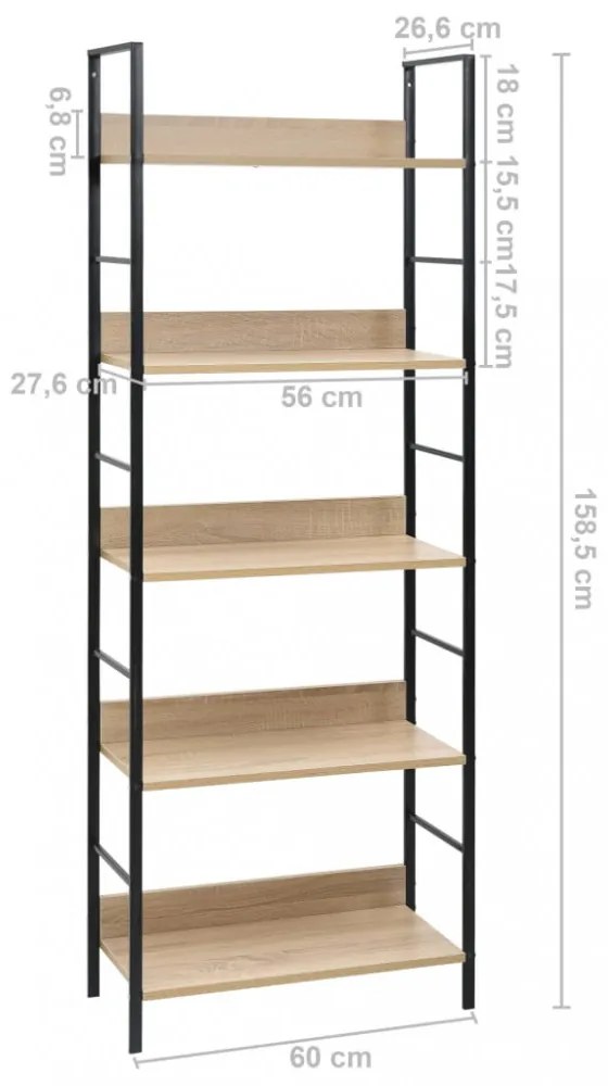 5 szintes tölgyszínű szerelt fa könyvespolc 60x27,6x158,5 cm
