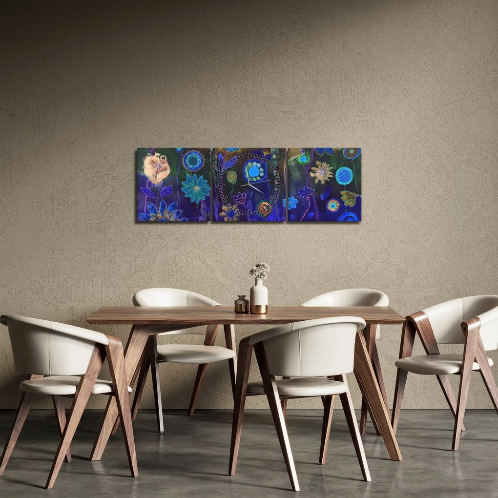 Sötétkék virágok képe (órával) (90x30 cm)