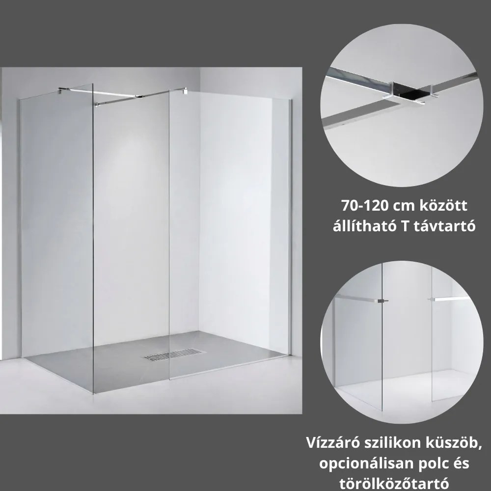 Stuxi Milano Kombi Plus 2 Walk-in zuhanyfal, 90x90 cm, 8 mm vastag vízlepergető biztonsági üveggel, 2 polccal és törölközőtartóval