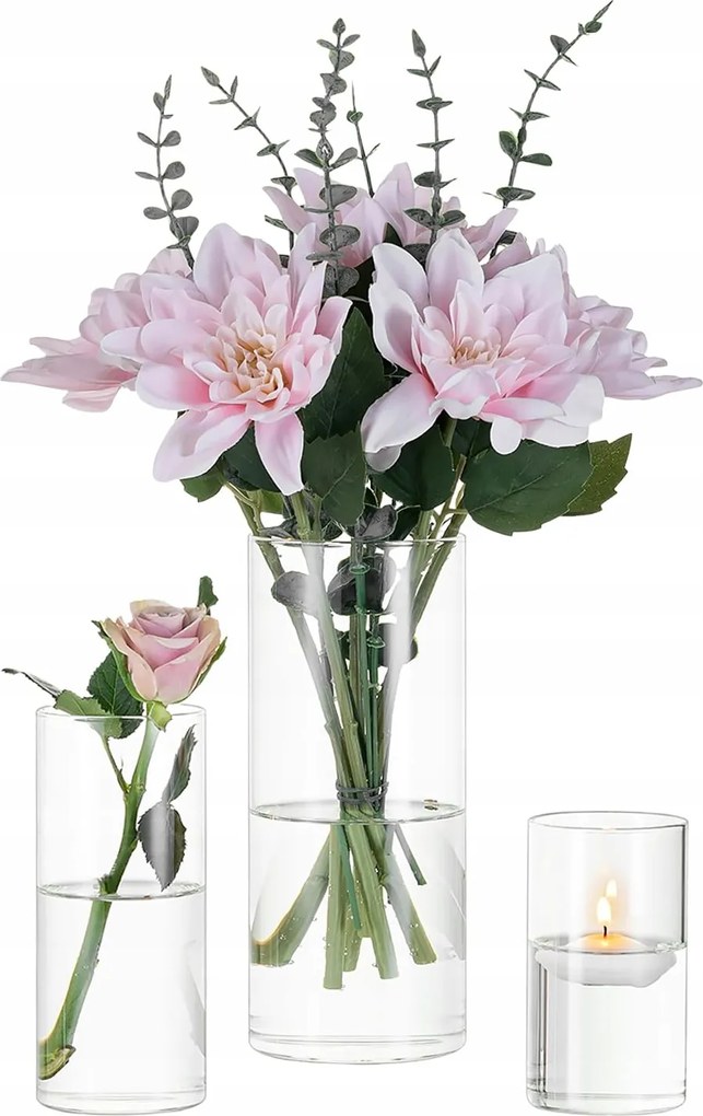 Dekoratív Üveg Vázák 3 Darabos Szett 10/15/20 cm Átlátszó Hengeres