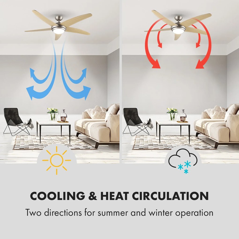 Klarstein Bolero, 55W, mennyezeti ventilátor lámpával, 134cm, juharfa karok, távirányító