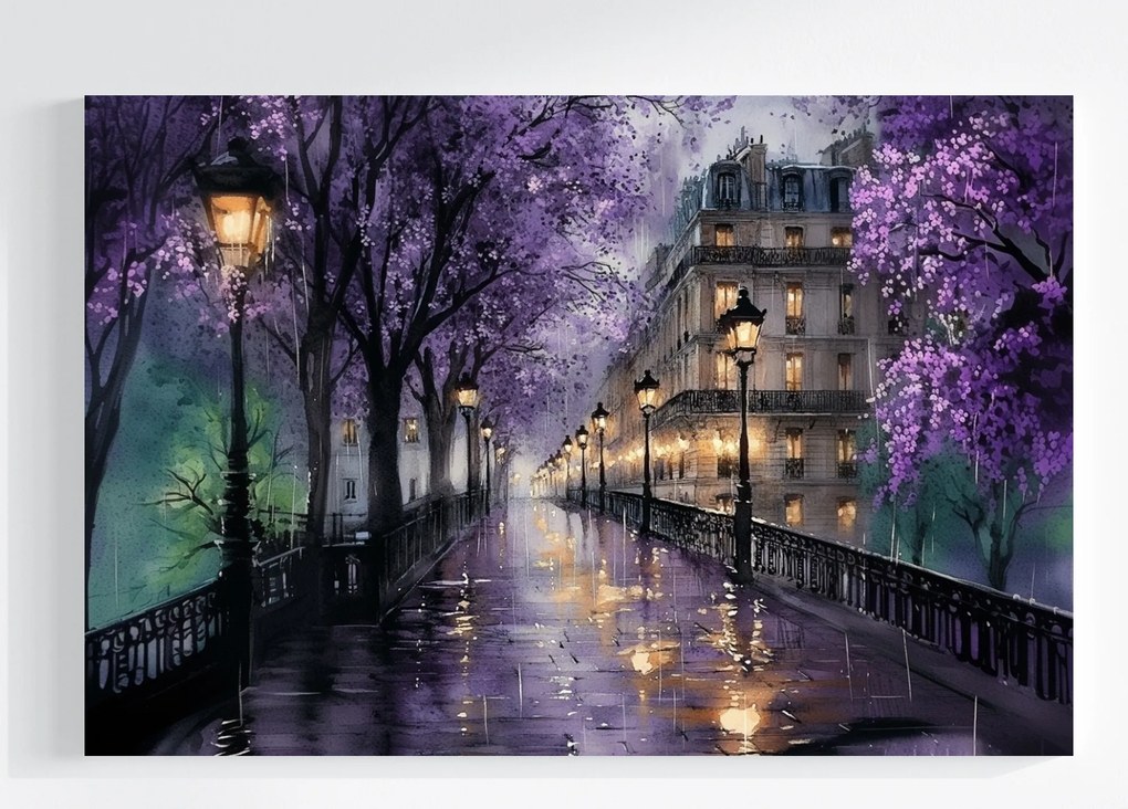 Vászonkép Canvas Párizs Este Lila Virágzó Fák 120x80
