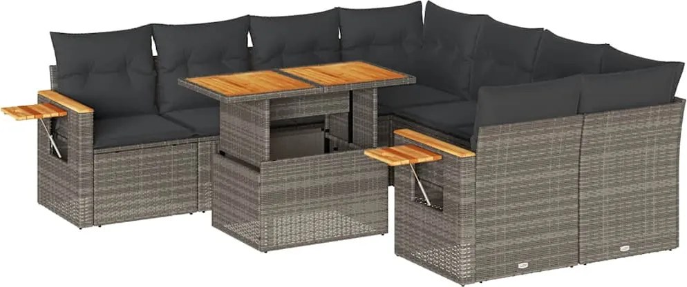 vidaXL 9 részes szürke polyrattan akácfa kerti ülőgarnitúra párnákkal