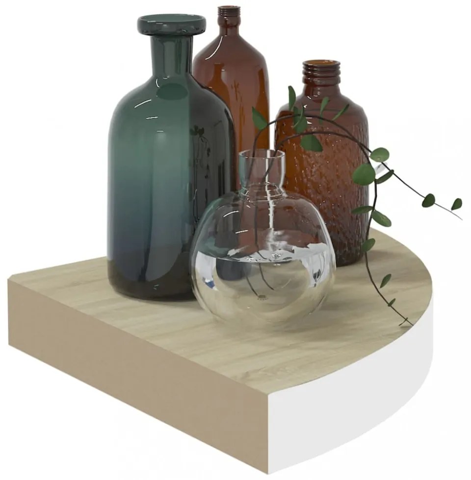 2 db fehér-tölgyszínű MDF fali sarokpolc 25 x 25 x 3,8 cm