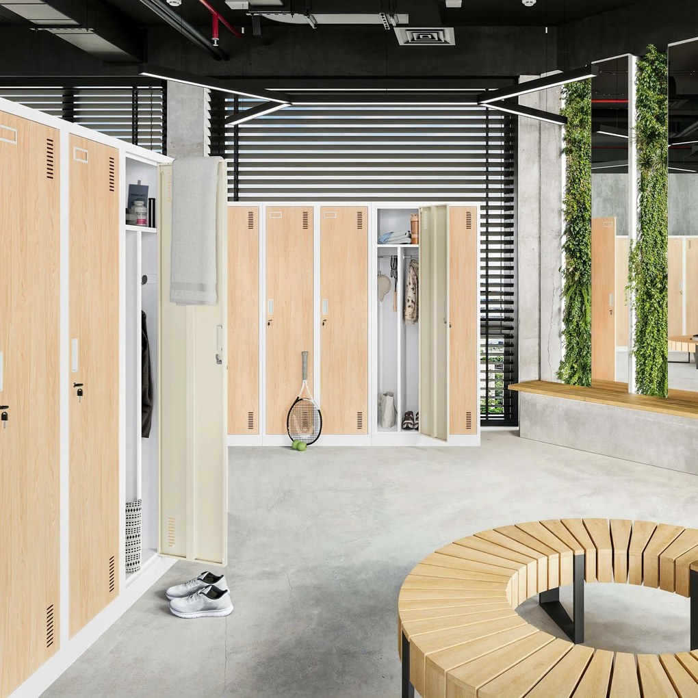 Pléh öltözőszekrény talpazaton, négymodulos, polcokkal, KACPER II, 800 x 1800 x 500 mm, Eco Design: fehér/ sonoma tölgy