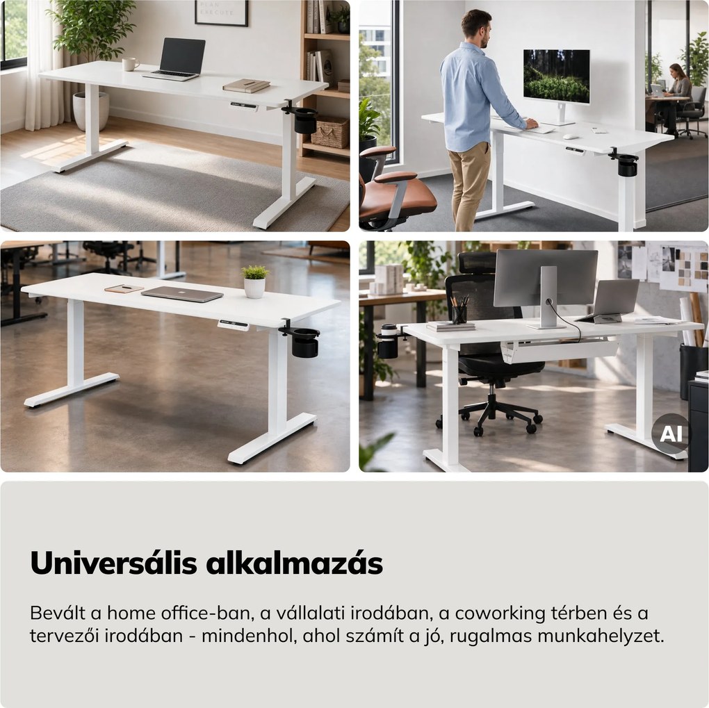 Elektromos, állítható magasságú, ergonomikus, fehér íróasztal,1600x800 mm: ARIA
