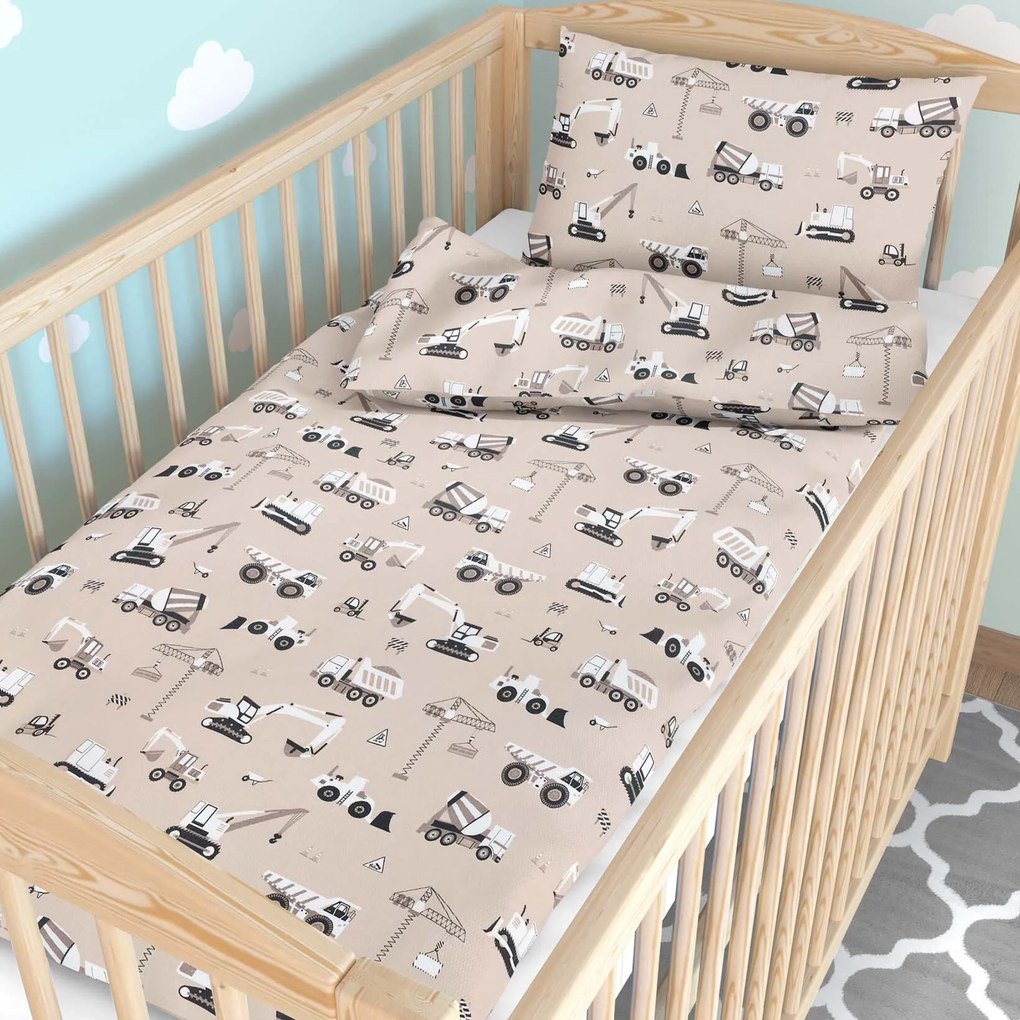 Goldea gyerek pamut ágyneműhuzat kiságyba - teherautók és markolók bézs alapon 90 x 130 és 40 x 60 cm