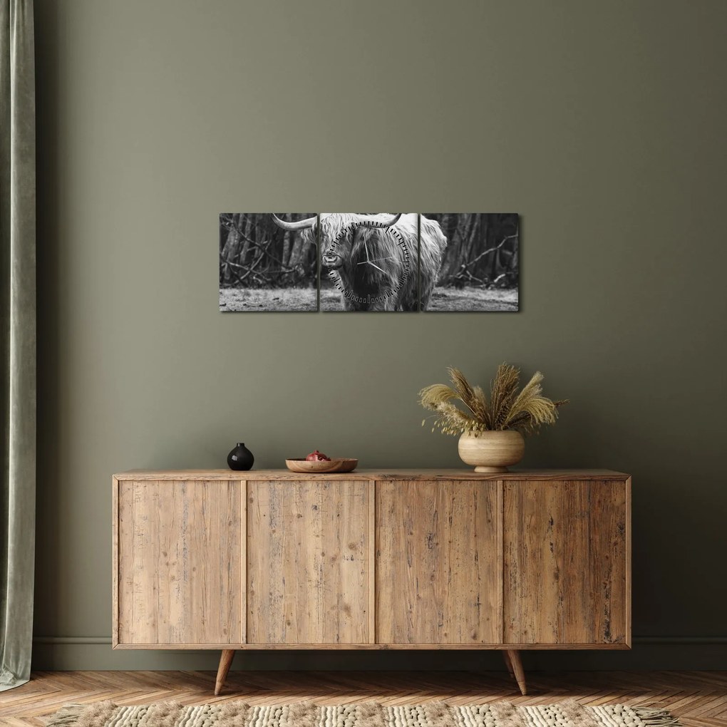 Kép - Skót tehén 3, fekete-fehér (órával) (90x30 cm)